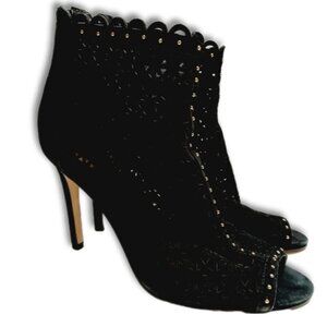 MARC FISHER Peep-Toe Stiletto Heel Ankle Bootie Perforated Black Suede Sz 8.5 M